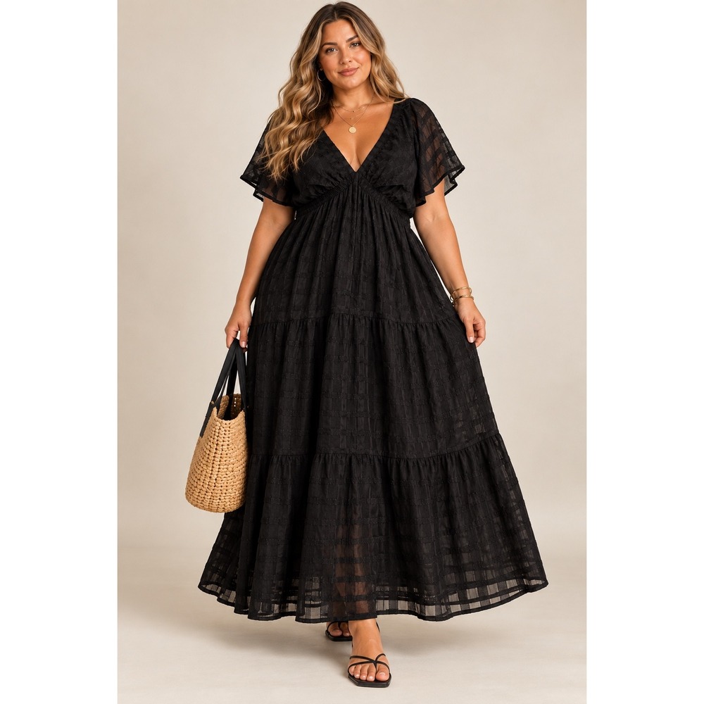 Arula Black Textured Maxi Dress 2X Flutter Sleeve V Neck Tiered Boho